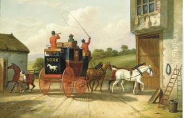 The York And Doncaster Coach Halting At An Inn Oil Painting by Henry Jr Alken