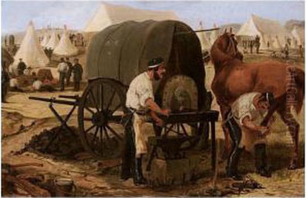 Farriers Of The 17th Lancers Shoeing A Horse With The Aid Of A Mobile Forge, Circa 1845 Oil Painting by Henry Jr Alken