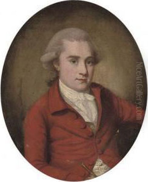 Portrait Of A Gentleman, 
Half-length, In A Red Coat And White Ruff, Holding A Riding Crop In His 
Right Hand, Painted Oval Oil Painting by Francis Alleyne