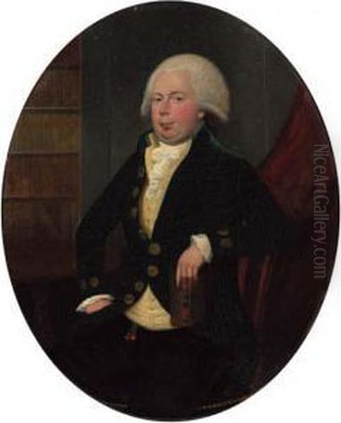 Portrait Of A Gentleman, Small 
Three-quarter-length, In A Greencoat And Yellow Waistcoat, Holding A 
Book, Seated In An Interior;and Portrait Of A Lady, Small Full-length, 
In A White Dress,holding A Book, Seated By A Table, A Landscape Though 
The W Oil Painting by Francis Alleyne