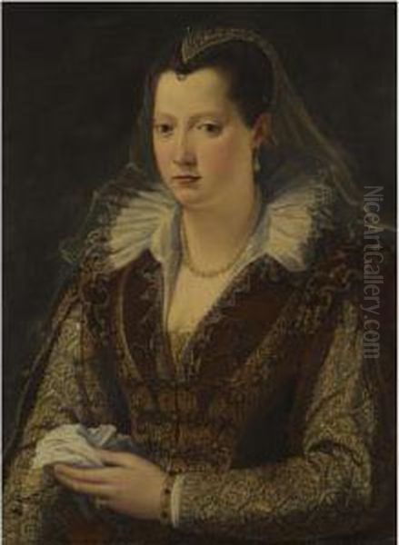 Portrait Of A Lady, Half-length,
 Wearing A Richly Embroidered Reddress And A Pearl Headdress, Possibly 
Eleonora De Medici(1553-1576) Oil Painting by Alessandro Allori