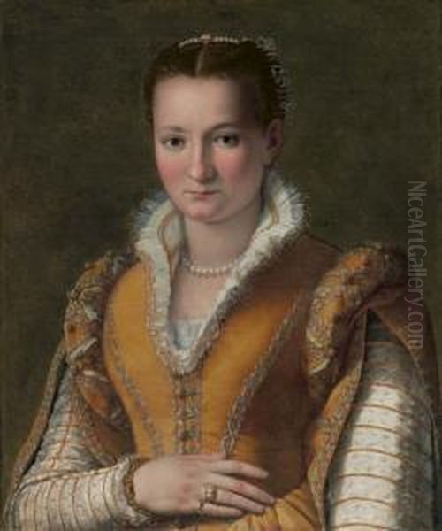 Portrait Of A Lady, Possibly 
Bianca Capello De'medici, Half-length, In An Embroidered Gold Dress And 
Pearls Oil Painting by Alessandro Allori