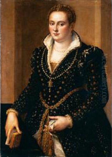 Ritratto Di Nobildonna In Abito 
Nero Con Decori In Oro, Collana Di Perle Con Pendente E Cintura Con 
Pietre Preziose. Oil Painting by Alessandro Allori