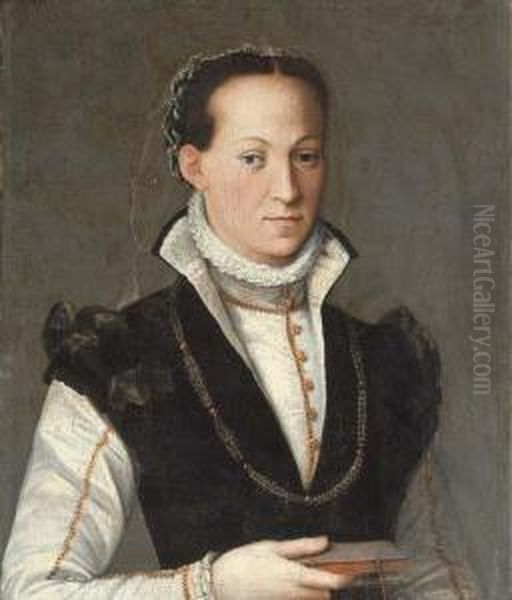 Portrait Of A Lady, Half-length,
 In A High-necked Gown With A Ruff And Gold Brocade Trim, A Book In Her 
Right Hand Oil Painting by Alessandro Allori