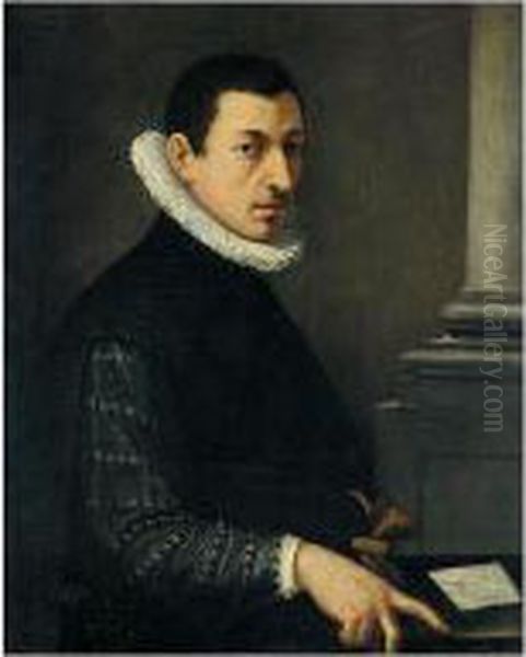 Portrait Of A Gentleman, Half 
Length, Wearing A Black Embroidered Jacket And A White Ruff Holding A 
Pair Of Gloves Oil Painting by Alessandro Allori