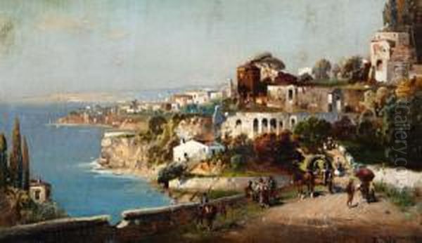 Italiaanse Kuststad, Op De Voorgrond Velefiguren Oil Painting by Robert Alott