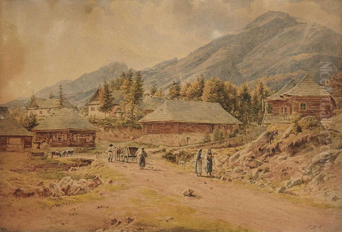 Bauern Auf Der Strase Vor Einem Gebirgsdorf Oil Painting by Jacob Alt