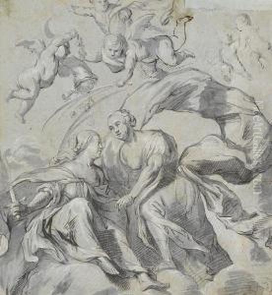 Zugeschrieben - Maria Theresia Dankt Der Heiligen Catharina Oil Painting by Martino Altomonte