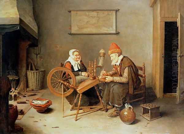 An interior with a old woman at a spinning wheel, 1657 Oil Painting by Quiringh Gerritsz. van Brekelenkam