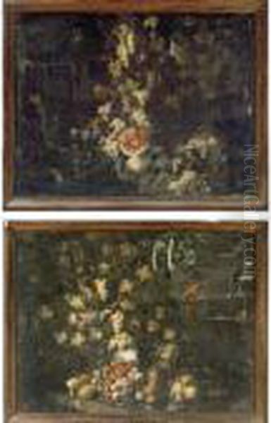 A Still Life With A Watermelon, 
Grapes, Grape-vines, Figs And Lemons, Together With Ducks Near A 
Fountain Oil Painting by German Alvarez Algeciras