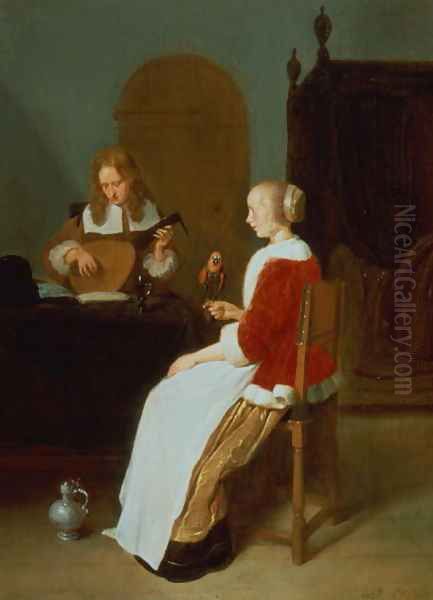An interior with a lute player and a woman holding a parrot Oil Painting by Quiringh Gerritsz. van Brekelenkam