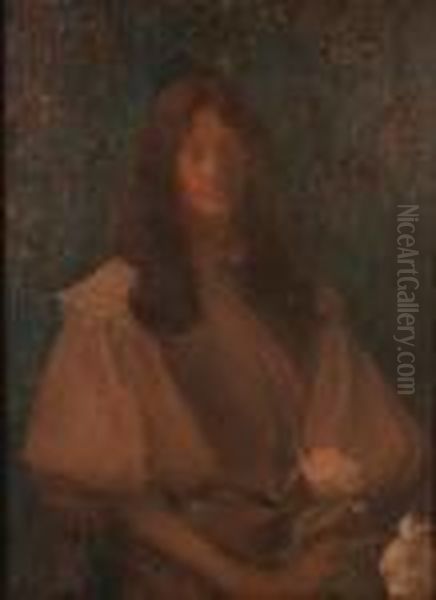 A Portrait Of A Lady Holding Flowers Oil Painting by Edmond-Francois Aman-Jean