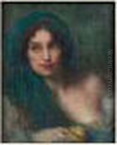 Femme Au Foulard Bleu Et Au Citron Oil Painting by Edmond-Francois Aman-Jean