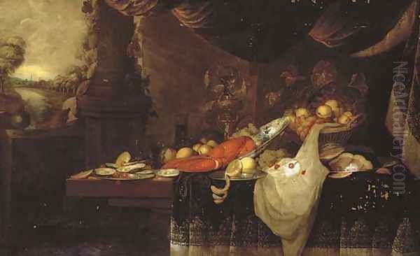 A lobster on a blue and white plate, with a partly-peeled lemon on a pewter plate, oysters, grapes and peaches Oil Painting by Andries Benedetti