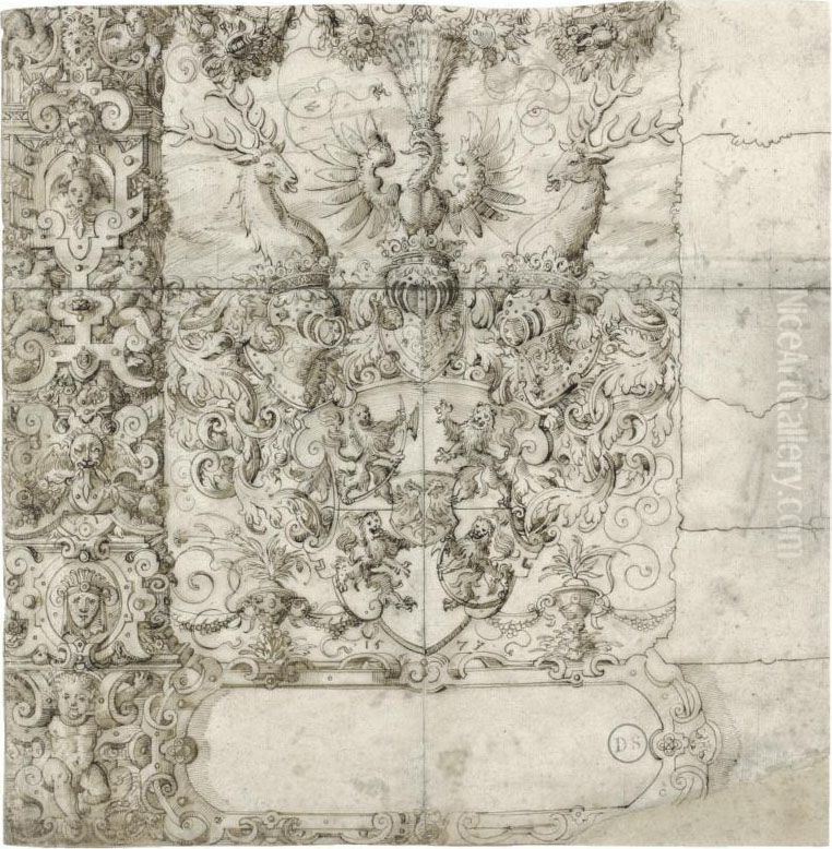 The Arms Of Zimmern Within An Elaborate Strapwork Design Withputti Oil Painting by Jost Amman