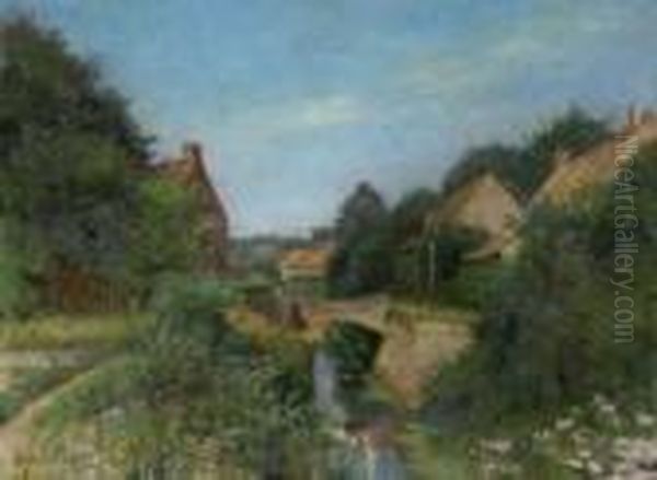 Franzosische Landschaft Mit Fluss Und Brucke. Oil Painting by Emile Ancelet