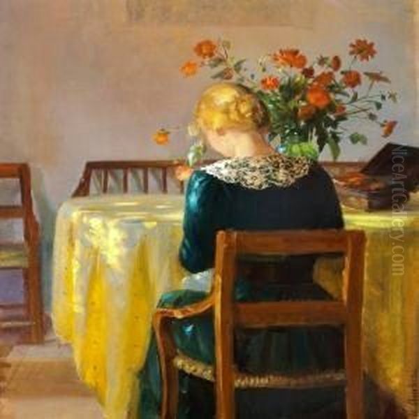 Interior With The Painter's Daughter Helga Sewing Oil Painting by Anna Ancher