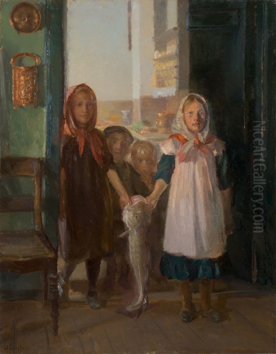 Smapiger Med En Torsk Oil Painting by Anna Ancher