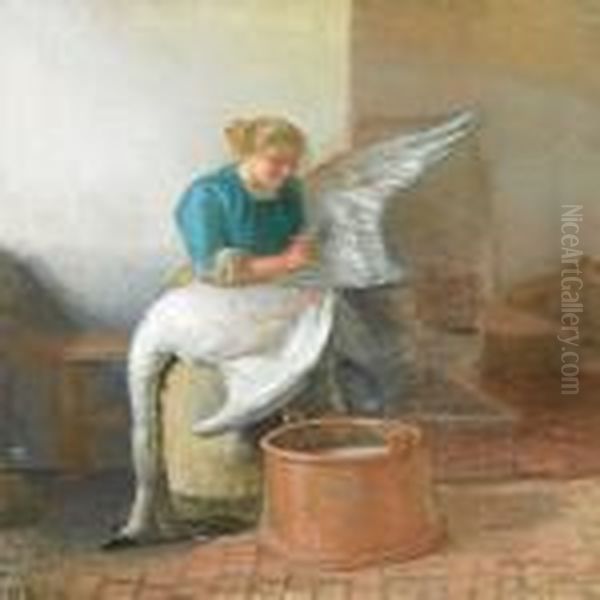 En Ung Pige, Der Plukker En Svane Oil Painting by Anna Ancher