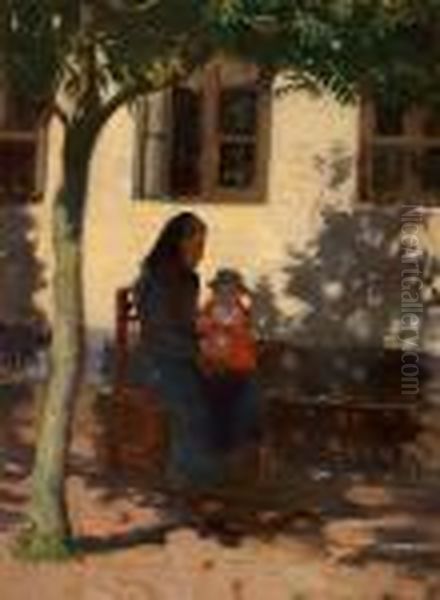 One Of Anna Ancher's Sisters 
Sitting In Front Of A House Under A Tree With Her Little Niece Helga 
Ancher On Her Knee Oil Painting by Anna Ancher