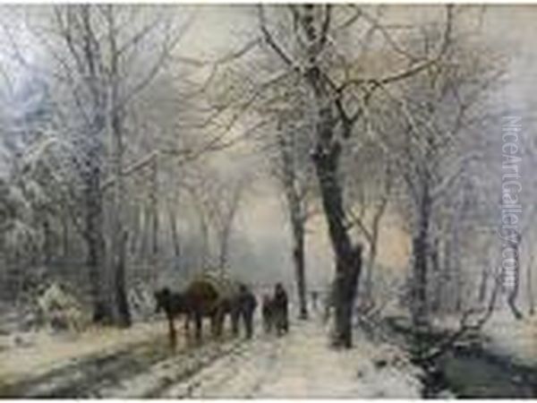 Wooded Winter Landscape Under 
Snow With Family Walking Beside A Horse Drawn Covered Wagon On A Lane Oil Painting by Anders Anderson-Lundby