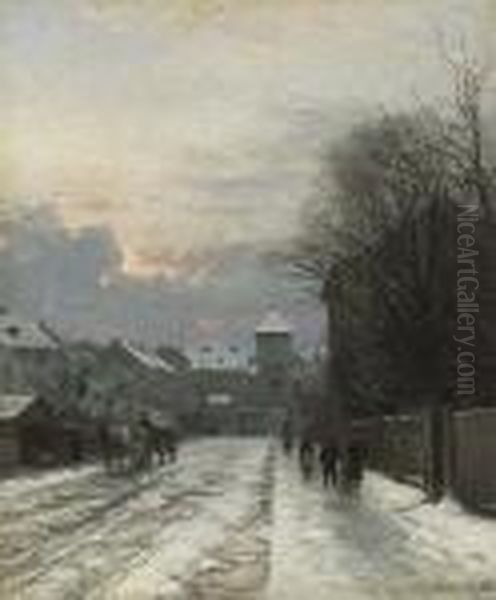 Winterliche Strasenszene Vor Dem
 Stadttor. Oil Painting by Anders Anderson-Lundby