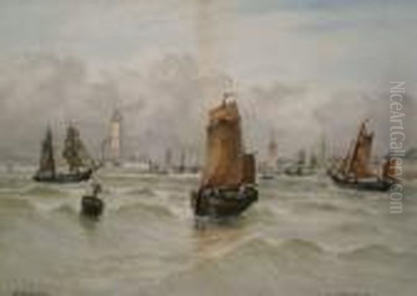 ' Off Portsmouth '
 A 19thc View Of Sailboats Off Portsmouth Quay With Buildings And Battleships Beyond Oil Painting by Robert Anderson
