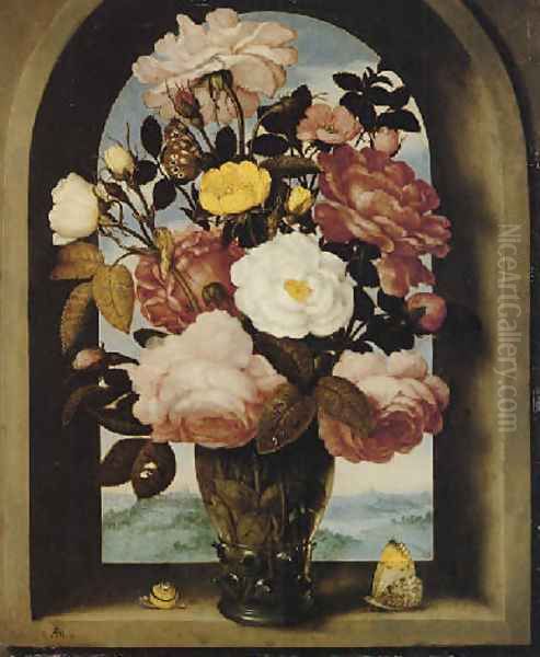 A still life of roses in a berkemeijer glass, with butterflies and a snail, in an arched stone window with a landscape beyond Oil Painting by Ambrosius the Elder Bosschaert
