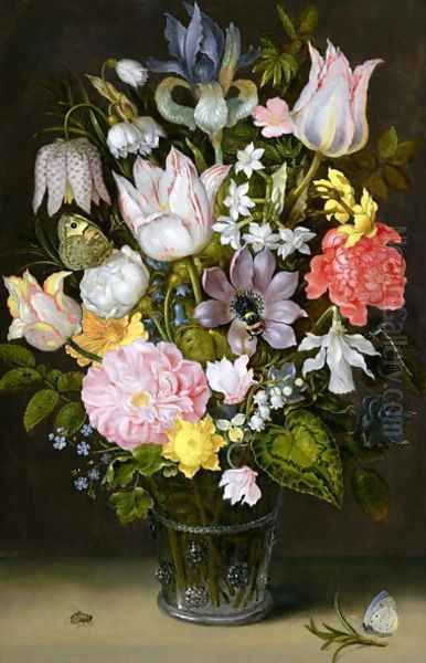 Still life of a bouquet of flowers including variegated tulips, bluebells, forget-me-nots and lily-of-the-valley (2) Oil Painting by Ambrosius the Elder Bosschaert