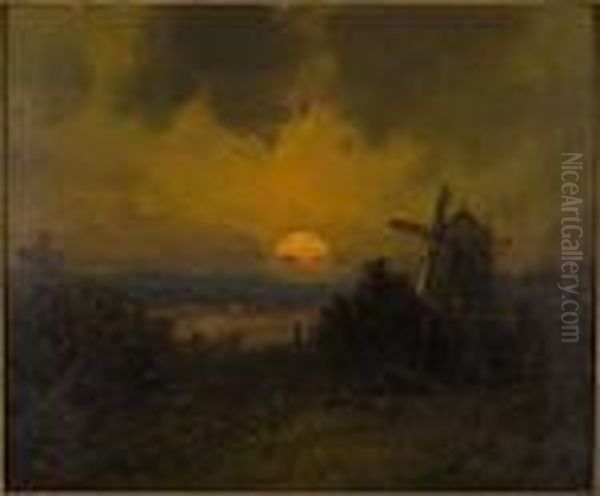 Moonlight, Oil On Board, 
Depicting A Windmill In A Landscape, Signed Lower Left. Framed: 13 In. X
 15 In Oil Painting by Henry Andrews