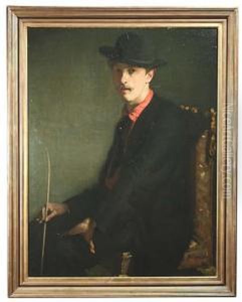 Portrait Of A Gentleman Wearing A
 Black Dress And A Hat, Assumedly Portrait Of The Art Critic Camille 
Mauclair As A Young Man. Oil Painting by Alfred Louis Andrieux