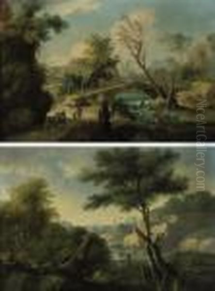 A Wooded River Landscape With 
Travellers Approaching A Bridge Andan Angler Seated On A Bank Oil Painting by Paolo Anesi