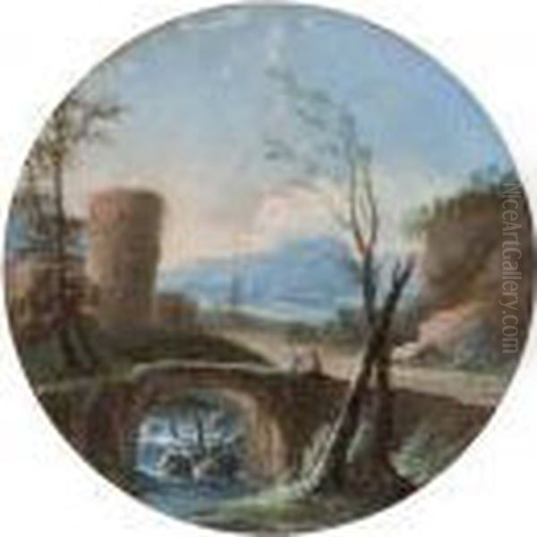 Paesaggio Fluviale Con Viandanti
 In Sosta Presso Un Ponte Di Pietra; E Paesaggio Con Astanti E 
Fortificazione In Lontananza Oil Painting by Paolo Anesi