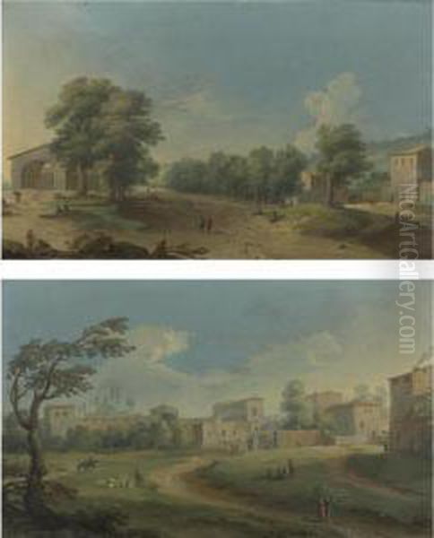 View Of The Arsenal Near The 
Porta Portese, Rome; Landscape With A Shepherd And Other Figures Outside
 A Walled Town Oil Painting by Paolo Anesi