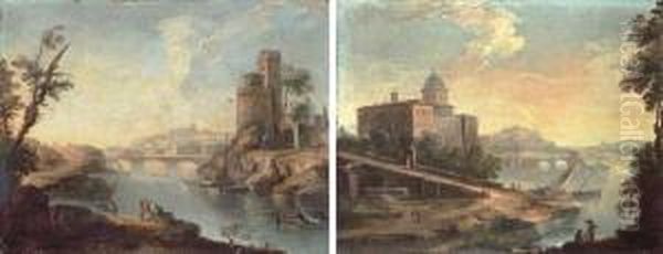 A Capriccio View Of The Tiber 
With The Ponte Sisto; And A Capricciowith A Palazzo By A River Oil Painting by Paolo Anesi