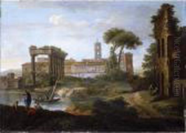 A River Landscape With A Ruined 
Temple, A Roman Amphitheatre, And Buildings Beyond, Figures Conversing 
In The Foreground Oil Painting by Paolo Anesi