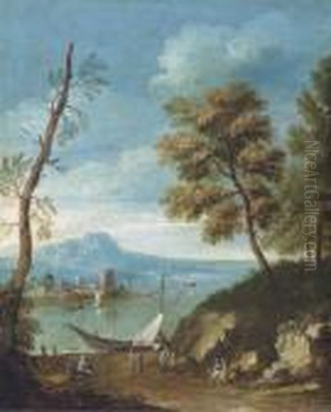A Mediteranean Coastal Landscape
 With Figures Unloading A Sailingvessel, Other Figures Resting On A Path
 On The Edge Of A Wood Oil Painting by Paolo Anesi