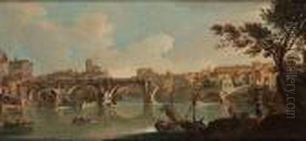 The Tiber And The Ponte Rotto, 
Rome, With Figures On The Bank And In Boats Crossing The River; And The 
Castel Sant' Angelo And The Tiber With Fishermen On The Bank Oil Painting by Paolo Anesi