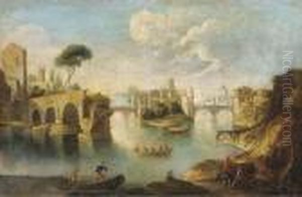 The Tiber, Rome, Looking North 
Past The Ruins Of The Pons Aemilius To The Insula Tiberina Oil Painting by Paolo Anesi