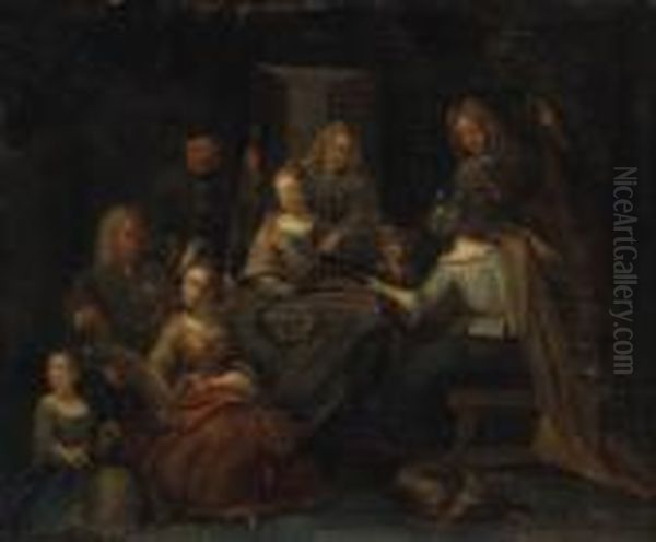 Elegant Company Making Music In 
An Interior With A Sportsmanshowing A Lady Trophies Of The Hunt Oil Painting by Pieter Angillis