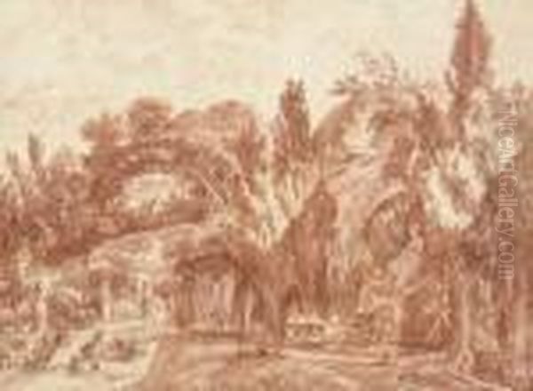 Une Terrasse Dans Le Jardin De 
Villa Pamphili, Des Figures Avec Une Brouette Au Premier Plan Oil Painting by Robert Ango