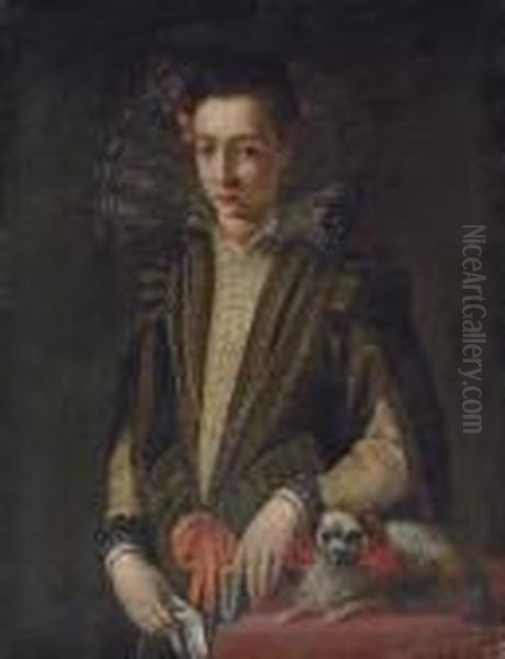 Portrait Of A Girl, 
Three-quarter-length, In A Black And Gold Embroidered Dress With A Lace 
Collar, A Book In Her Left Hand, A Handkerchief In Her Right, A Dog By 
Her Side Oil Painting by Sofonisba Anguissola