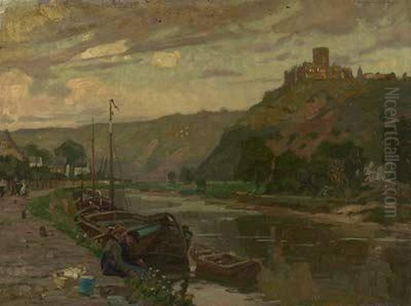 Flusbiegung Mit Lastkahnen Und Burg Oil Painting by Otto Antoine