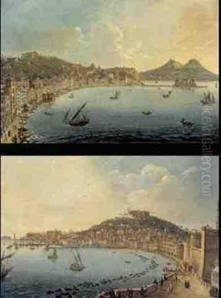 View Of Naples And The Certosa 
Di San Martino And A View Of Naples And Posillipo: A Pair Of Paintings Oil Painting by Pietro Antoniani