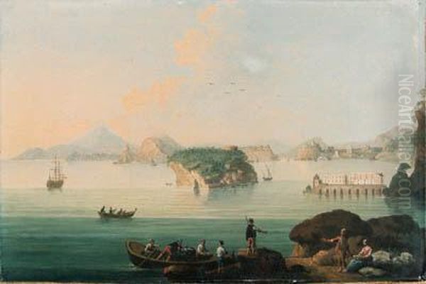 View Of Pozzuoli, With Fishermen
 Bringing In Their Catch In Theforeground, Vesuvius Beyond Oil Painting by Pietro Antoniani