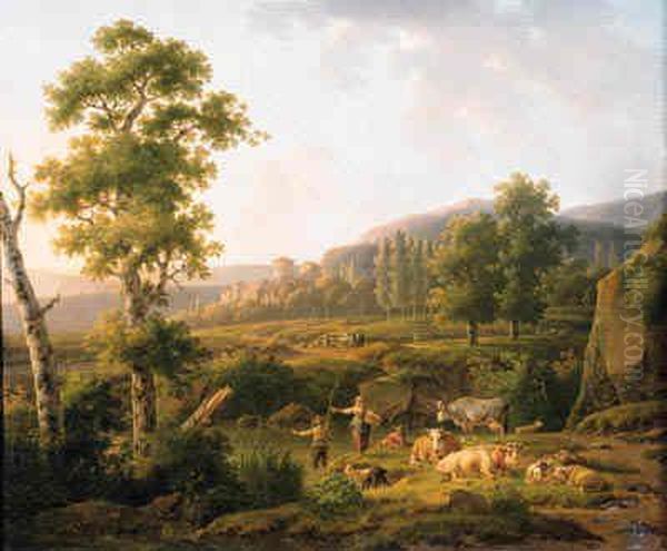 Dawn: A Shepherdess Conversing 
With An Angler On A River Bank, Withpeasants Going To The Market On A 
Country Road, A Castle Beyond;and Sunset: A Peasant Woman And A Shepherd
 Watering Cattle Andsheep, Travellers And A Cowherd On A Track Beyond Oil Painting by Hendrik van Anthonissen