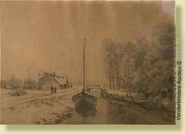 Bordde Canal Anime Sous La 
Neige, Fusain Et Lavis (?) Sur Papier. Signeen Bas A Gauche Armand Apol.
 Ecole Belge. Dim.: 40x60cm Oil Painting by Armand Apol