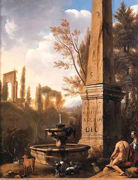 Shepherds resting by a fountain and an obelisk in an Arcadian landscape Oil Painting by Jan Gerritsz van Bronchorst