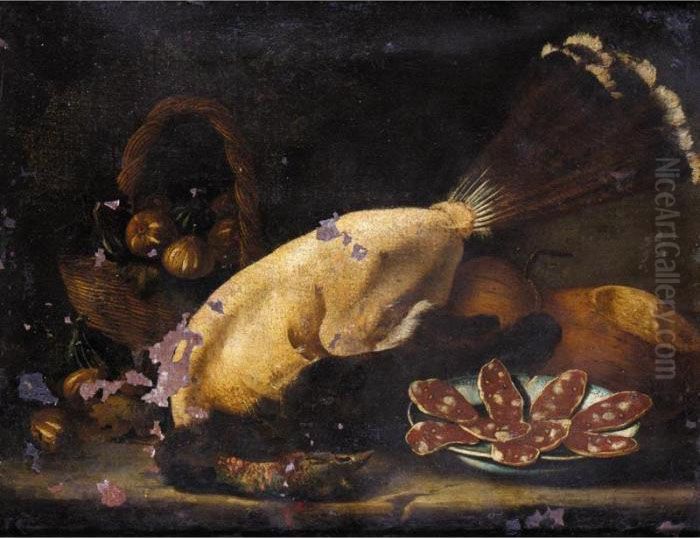 Still Life Of A Basket Of Figs 
Together With A Plucked Bird, A Plate Of Salami And Loaves Of Bread On A
 Stone Ledge Oil Painting by Bartolomeo Arbotori