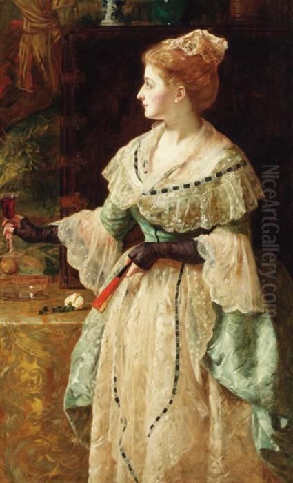 Portrait Of A Lady, 
Three-quarter-length, In A Blue Lace-trimmeddress, Holding A Fan And A 
Glass Of Wine, In An Interior Oil Painting by James Archer